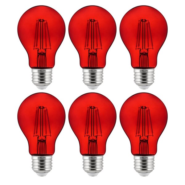 Sunlite LED Filament A19 60W Equivalent Colored Transparent Dimmable Red Light Bulb, 6PK 40943-SU
